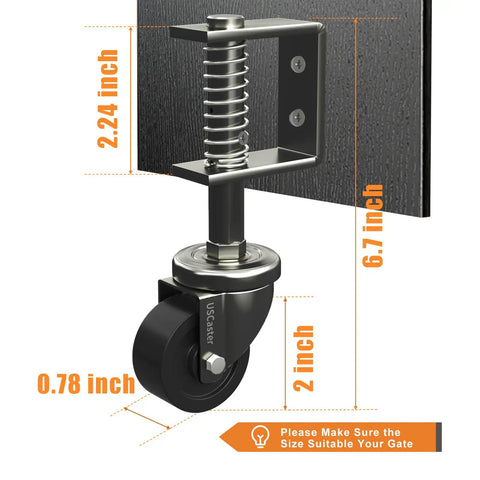 2 Inch Gate Caster Wheel For Wooden Gates, 360 Degree Swivel, Spring Loaded, Solid Rubber Tire, Dimensions Shown