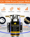 Heavy Duty Electric Oil Extractor Pump Delivers No Sweat Fluid Swaps Up To Four Liters Per Minute With Thick Hoses, showing 12V copper motor design.