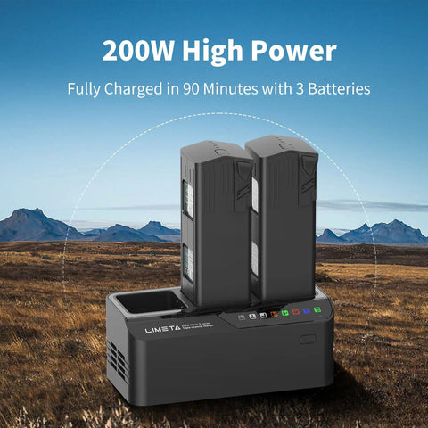 200W Triple Battery Charger Hub For Mavic 3 Pro Classic And Enterprise with two batteries inserted, outdoor background