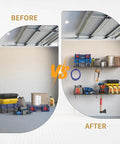 Before and after comparison of garage with 4 Pack Heavy Duty Garage Wall Shelves With 8 Hooks, Wall Mounted Floating Shelves.