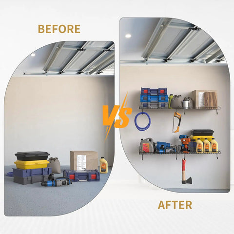 Before and after comparison of garage with 4 Pack Heavy Duty Garage Wall Shelves With 8 Hooks, Wall Mounted Floating Shelves.