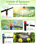 Three sprayer types in Smart Drip Irrigation System With LCD Timer And 246 Foot Layout, Automatic Watering Kit, shown in garden.
