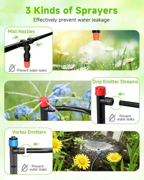 Three sprayer types in Smart Drip Irrigation System With LCD Timer And 246 Foot Layout, Automatic Watering Kit, shown in garden.