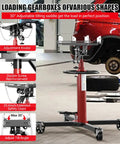 Heavy Duty 1100 Lbs Hydraulic Transmission Jack With 2 Stage Telescoping Arm And Massive Load Support For Smooth Engine Swaps On Any Car Or Light Truck In Your Home Garage Shop Today! features adjustable saddle and safety chain.