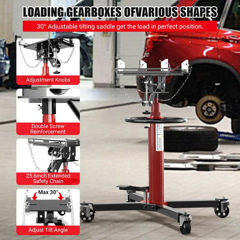 Heavy Duty 1100 Lbs Hydraulic Transmission Jack With 2 Stage Telescoping Arm And Massive Load Support For Smooth Engine Swaps On Any Car Or Light Truck In Your Home Garage Shop Today! features adjustable saddle and safety chain.