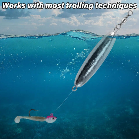 Inline Trolling Sinkers With Swivel 10 Pack Torpedo Lead Weights Double Ring 1Oz Saltwater And Freshwater Use Eliminates Line Twist Deep Trolling Lures For Salmon Walleye And More underwater with lure