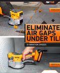 Cordless Tile Vibration Tool Kit With 9 Speeds And 110 Lb Suction Cup, shown in horizontal and vertical positions, on tile surface