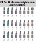 24 In 1 Magnetic Ratchet Screwdriver Set S2 Steel Bits, various chrome-molybdenum alloy bits arranged in a grid layout.