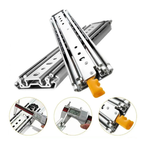 Heavy Duty 44 Inch Full Extension Drawer Slides Pair Side Mount Ball Bearing Runners with Secure Lock showing precision details.