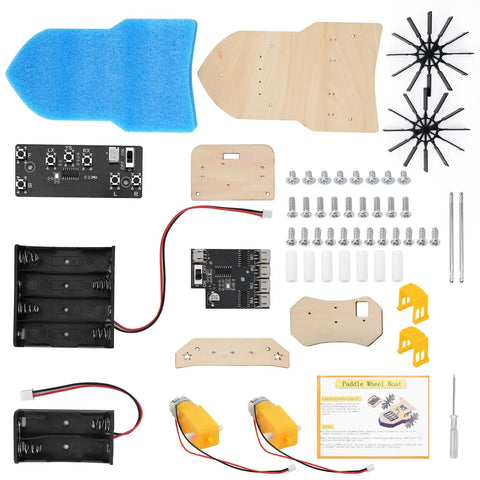 Remote Control Boat Building Kit For Kids Ages 8-12, Paddle Boat Fun components laid out flat, including wooden parts and screws