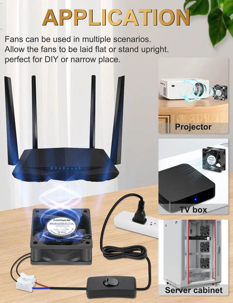 Slick Compact EC Cooling Fan 120V With Dual Ball Bearing For Smooth Airflow In Tight Quarters Like Routers Modems And Campers used in various applications like routers and projectors.