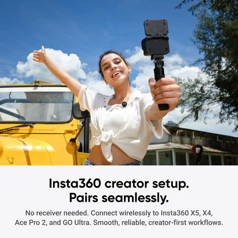 Woman vlogging with wireless mic, no receiver needed for Insta360 X5 X4 X4 Air Ace Pro 2 Go Ultra, Creator-Friendly Audio Solution