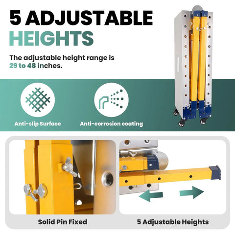Adjustable height feature of Rock Solid Zero Flex Heavy Duty 1200 LBS Welding Table Portable Folding Workbench, showing solid pin and anti-corrosion detail.