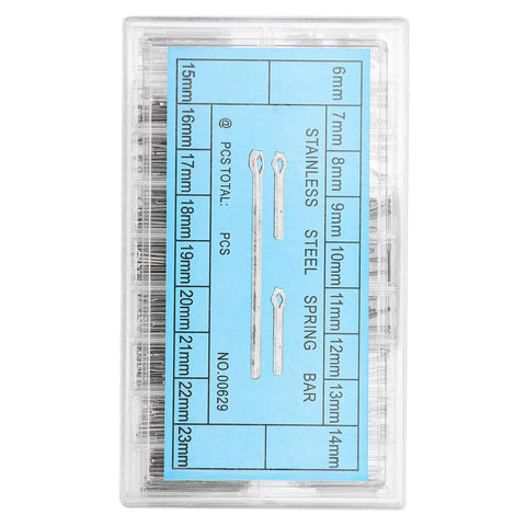 Ten Millimeter Watch Spring Bar Repair Kit For Stainless Steel Bands with 18 Sizes and cotter pins in a clear plastic box