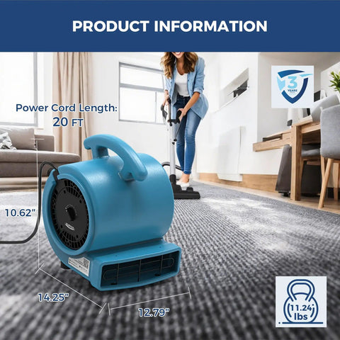 1000 CFM Air Mover Blower Fan for Drying, Venting, Exhaust, and Cooling in Home settings; shown on carpet with dimensions