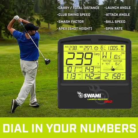 Golfer using Swami Launch Master Pro Golf Launch Monitor with Doppler Radar Real Time Swing and Ball Data Suite on course