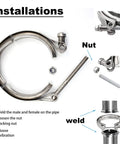 Heavy Duty 2.5 Inch Stainless Steel Exhaust Clamp Kit with flat flanges and V band bolts, installation diagram with steps.