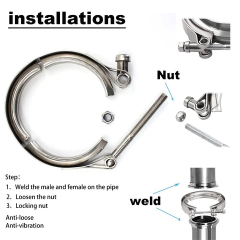 Heavy Duty 2.5 Inch Stainless Steel Exhaust Clamp Kit with flat flanges and V band bolts, installation diagram with steps.