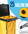 25 gallon bag on cleaning cart with metal clips and holders for heavy duty rolling supply organizer
