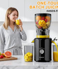 Kiamith 300W Cold Press Juicer With Huge 5.8 Inch Wide Feed Chute For Whole Produce high torque juicing with fresh orange juice ready.
