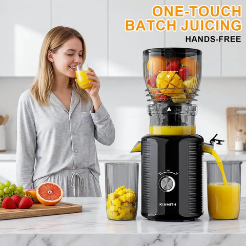Kiamith 300W Cold Press Juicer With Huge 5.8 Inch Wide Feed Chute For Whole Produce high torque juicing with fresh orange juice ready.