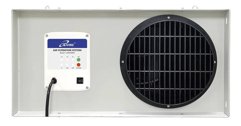 Front view of Versatile 1025 CFM Air Filtration System With Remote 3 Speed Portable On Wheels Or Ceiling Hanging Ideal For Garage.