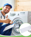 Man with a clipboard next to a washing machine, inset showing Must Have 24 Piece Washing Machine Lint Traps And Cable Ties Kit