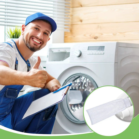 Man with a clipboard next to a washing machine, inset showing Must Have 24 Piece Washing Machine Lint Traps And Cable Ties Kit