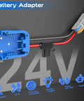 Beefed Up Power Ride Wheel Adapter For Kobalt 24V Battery With Fuse And Wire Terminal, shown with icons for RC and robotics use