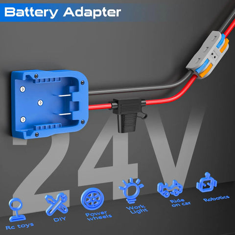 Beefed Up Power Ride Wheel Adapter For Kobalt 24V Battery With Fuse And Wire Terminal, shown with icons for RC and robotics use