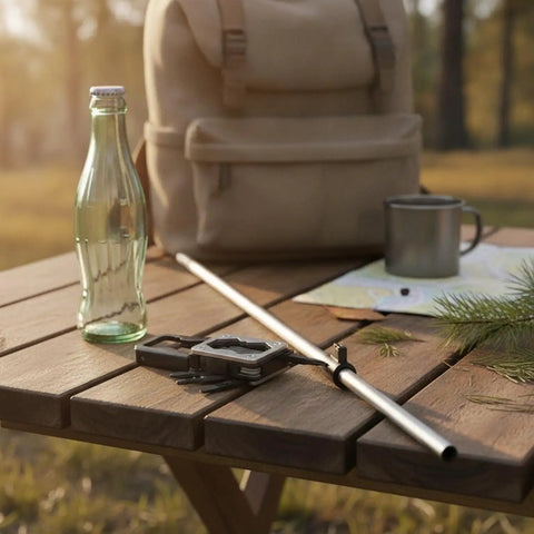 Compact Stainless Steel Multitool With Folding Screwdriver And Bottle Opener for pocket carry on outdoor wooden table.