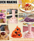 Cool Dessert Machine And Noodle Maker With 4 Stainless Steel Molds, showing pink ice cream and pasta in multiple servings.