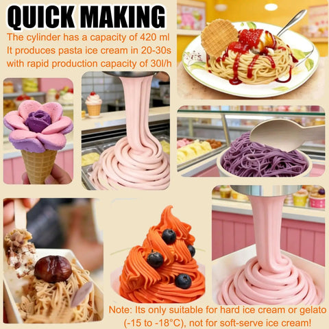 Cool Dessert Machine And Noodle Maker With 4 Stainless Steel Molds, showing pink ice cream and pasta in multiple servings.