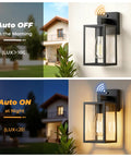 Two Pack Dusk To Dawn Outdoor Wall Lanterns With Automatic Sensor For Front Porch And Garage Waterproof Black Exterior Lights with sensor details.