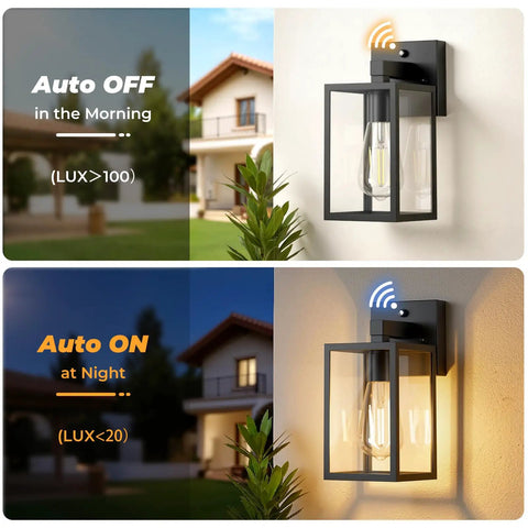 Two Pack Dusk To Dawn Outdoor Wall Lanterns With Automatic Sensor For Front Porch And Garage Waterproof Black Exterior Lights with sensor details.