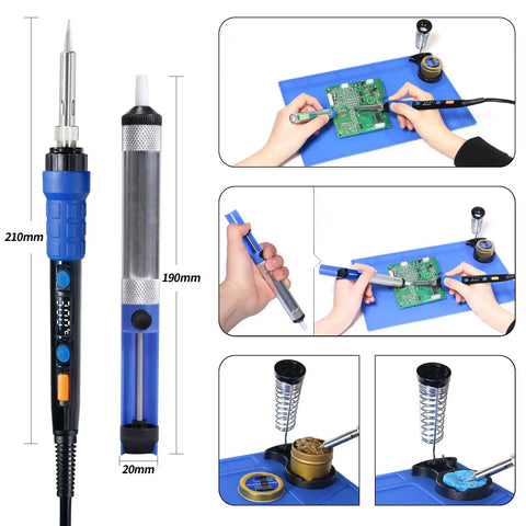 65W Digital Soldering Iron Kit With Precise Temperature Control From 194 To 896 Fahrenheit And Celsius Display, showing tools and components in use.