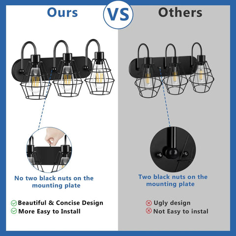 Comparison between our Retro Style Industrial 3-Light Vanity Light in Matte Black and other similar fixtures.