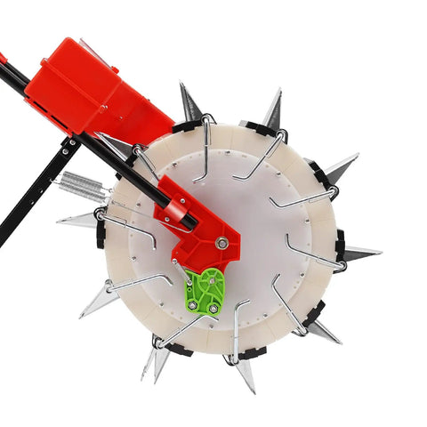 Close-up of 10 Nozzle Hand Pushed Seeder With 8.27 Pounds Seed Storage Box Adjustable Sowing Quantity And Depth Wheeled Planter