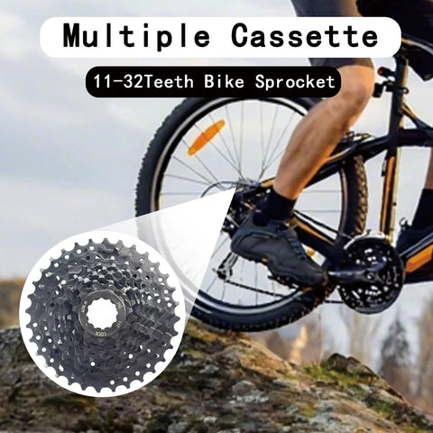 Cyclist on bike with 9-Speed Bike Cassette 11-32T For Mountain Road Folding And Commuter Bikes Built Tough Steel Nickel Plated