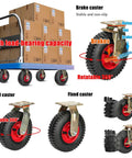 Heavy Duty Air Floating Caster Wheels For Industrial Carts Roll Dead Quiet Shut Out Vibration Rubber Coated Galvanized Steel Base One Touch Lock Brake Smooth Moving Rig on a cart with boxes, showcasing 360-degree swivel and fixed options.