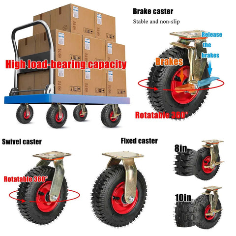 Heavy Duty Air Floating Caster Wheels For Industrial Carts Roll Dead Quiet Shut Out Vibration Rubber Coated Galvanized Steel Base One Touch Lock Brake Smooth Moving Rig on a cart with boxes, showcasing 360-degree swivel and fixed options.