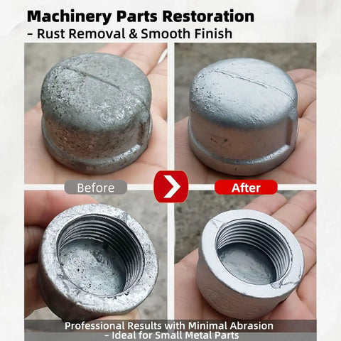 Before and after view of metal part cleaned using 8Lb Non-Silica Glass Bead Sandblasting Media Reusable Abrasive For Rust Removal And Surface Finishing Wide Mesh Range From 20 To 240 Mesh For Heavy Rust Cleanup To Fine Polishing Easy Control Durable Blast Media