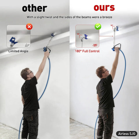 Two Pack Seven Eighths Inch Airless Paint Spray Gun Swivel Joint 3600 PSI Max, 180 Degree Swivel For Angled Spraying, Heavy Duty Aluminum Alloy, Fits Most Airless Guns And Extensions, shown for ceiling spraying