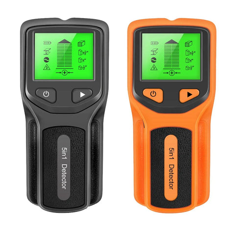 Slick 5 In 1 Wall Scanner And Metal Detector With Live Wire And Wood Stud Finder For Home Reno Or Treasure Hunting No Hassle Electric Box Locator Game Changer in black and orange.