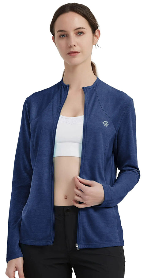 Woman wearing Womens Full Zip Outdoor Shirt With Long Sleeves UPF 50 Plus Sun Protection Quick Dry Fabric Lightweight Fishing Jacket Blue