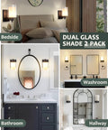 2 Pack Farmhouse Vanity Light Fixtures With One Light Each displaying dual glass shades in bathroom and hallway settings