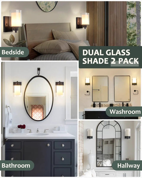 2 Pack Farmhouse Vanity Light Fixtures With One Light Each displaying dual glass shades in bathroom and hallway settings