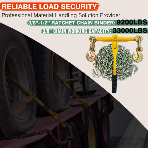 Yellow ratchet binder with grab hooks and chain on flatbed, marked '9200LBS' and '33000LBS'. Beefy Ratchet Load Binders Three Eighths To One Half Inch Two Pack With Grab Hooks 9200 Lbs Working Load Grade 70 80 Chain Tie Downs For Transport Towing Hauling And Flatbed Trailers.