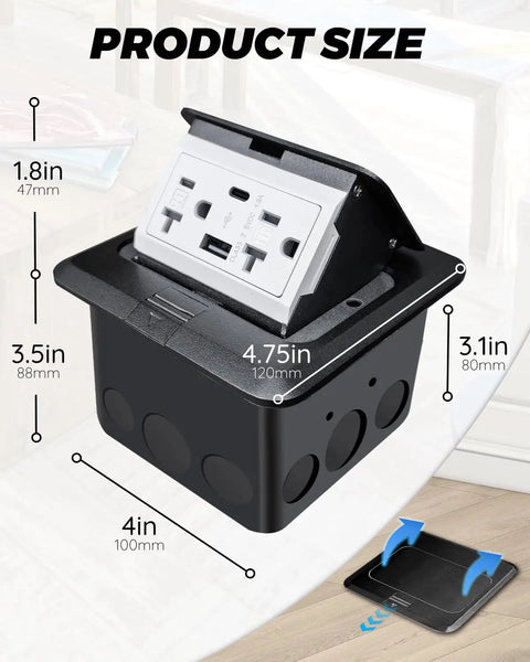 Floor Pop Up Outlet For Kitchen Countertop With 20 Amp Tamper Resistant Receptacles USB Charging 5V 4.8A USB C Waterproof Stainless Steel Cover Recessed Outlet Box dimensions illustration.