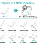 Silicone Ring Size Adjuster Kit Clip On No Show Fit For Loose Rings Sizer Guard Spacer Helps You Shrink Ring Size For Any Ring Type And Prevent Slips 8 Pack, showing 8 size options from XXS to XXXL for rings 1-10mm wide.